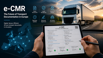 Conductor usando una tableta con un documento CMR digital mientras el transporte por camión está en curso en Europa, representando la digitalización logística moderna