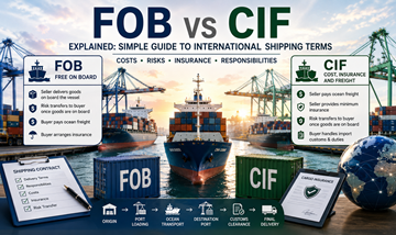 Comparación entre los términos de envío FOB y CIF con transporte de carga en buque portacontenedores y operaciones logísticas internacionales