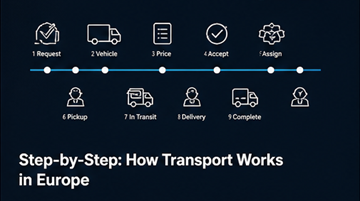 Proceso logístico paso a paso flujo de trabajo de transporte recogida entrega seguimiento planificación de ruta del conductor Europa