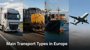 Diferentes tipos de transporte Europa camión furgoneta buque portacontenedores tren de carga comparación logística